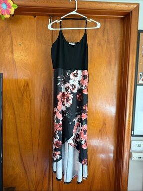 Black & Pink Floral High-Low Slip Dress with Spaghetti Straps
